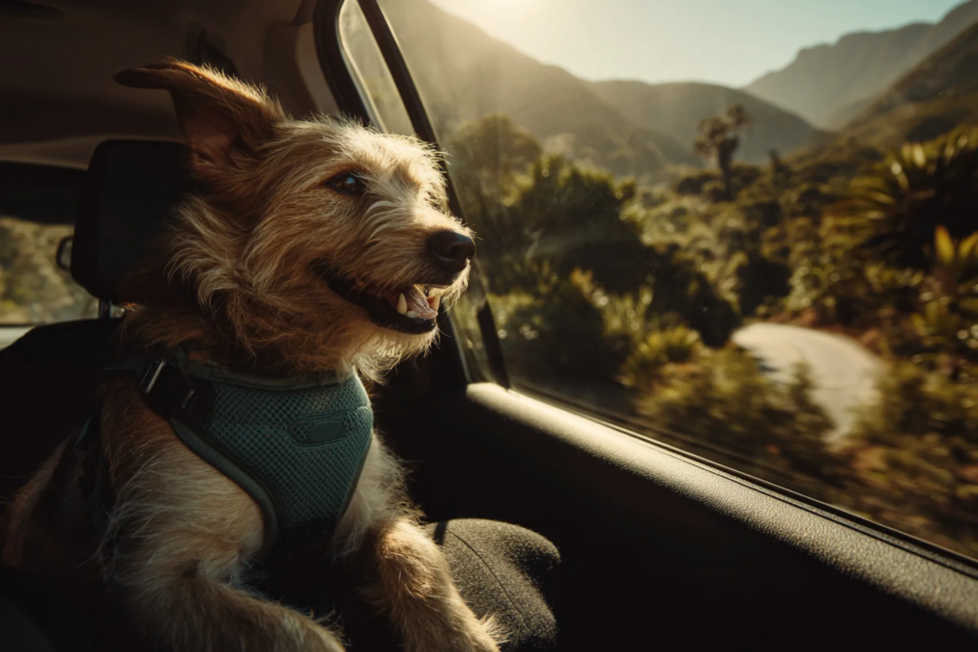 Perro viajando seguro en el carro por carretera de montaña en Colombia