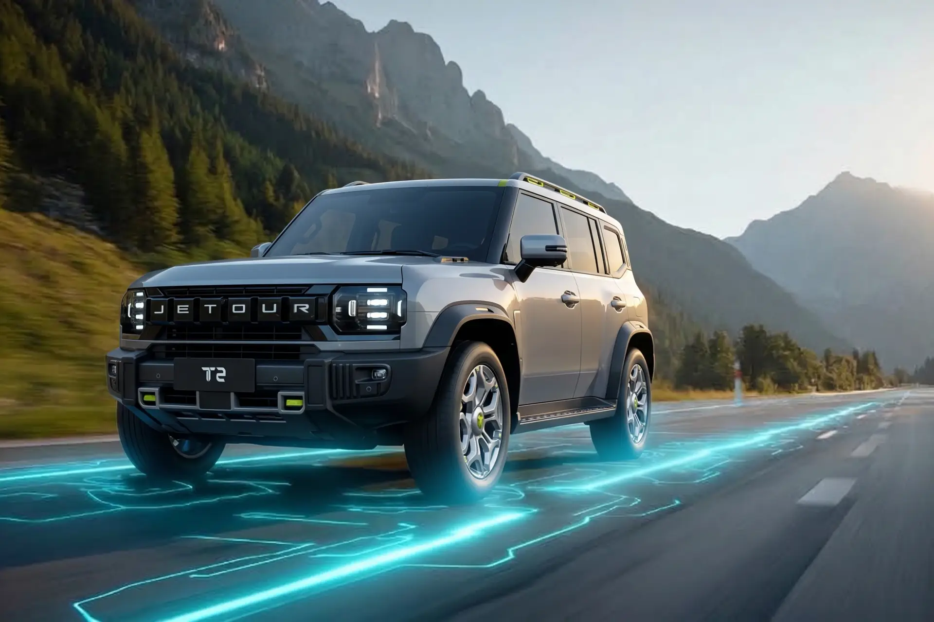 Camioneta híbrida Jetour T2 en movimiento con luces encendidas