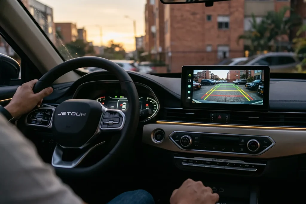 Pantalla de cámara de reversa en el tablero de una Jetour